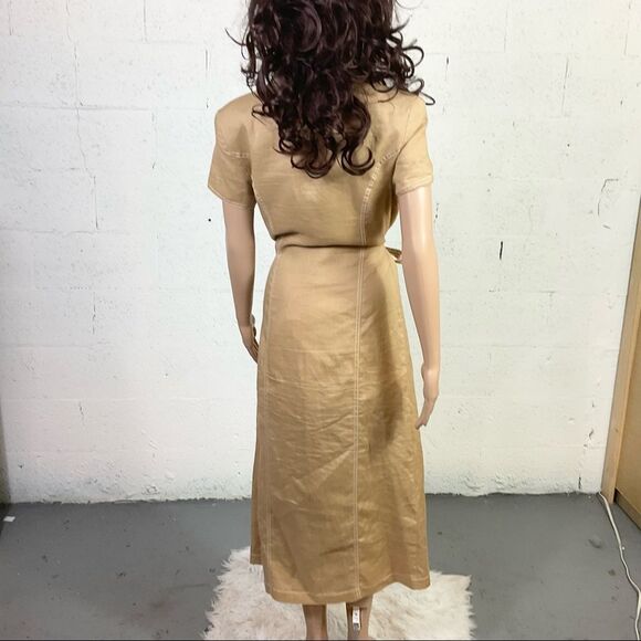 Cali Cali Tan Linen Vintage Button Front Belted Midi Safari Shirt Dress 8 - Picture 8 of 10